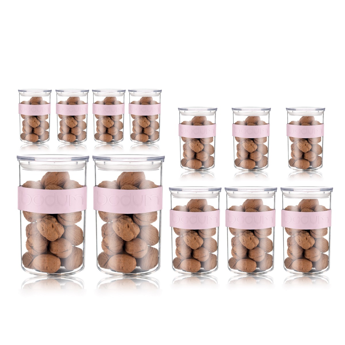 Bodum PRESSO: Set de 12 bocaux conservation en plastique, avec couvercle hermétique, 4 x 0.25 l, 3 x 0.6 l, 3 x 1.0 l, 2 x 2.0 l | Strawberry