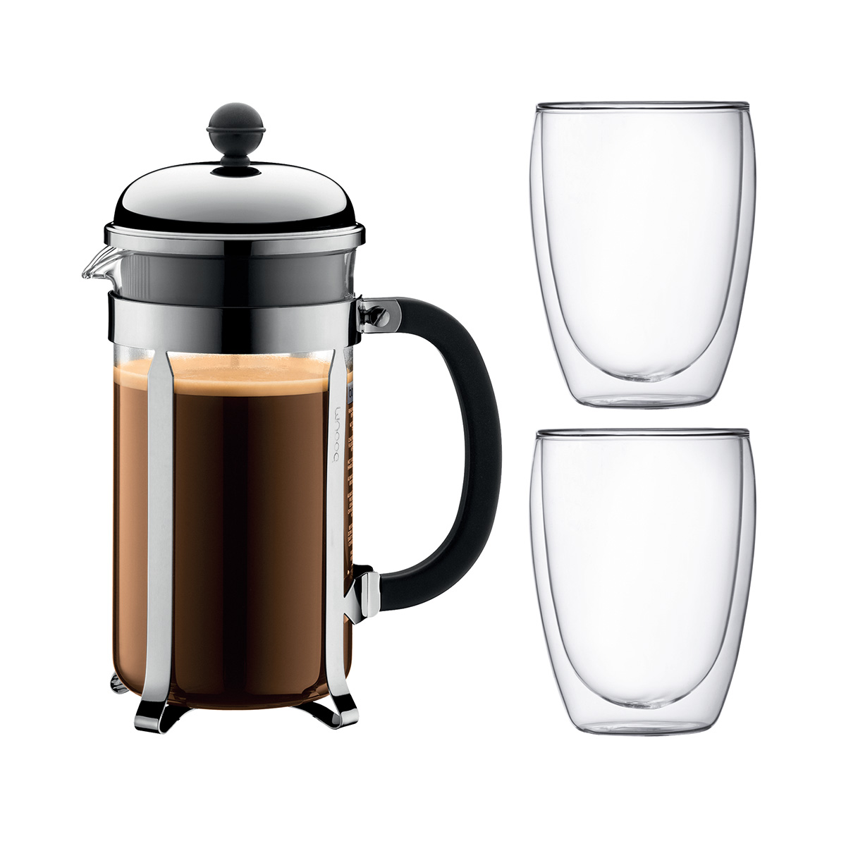 Bodum CHAMBORD SET: Cafetière, 8 kops, 1.0 l met 2 dubbelwandige glazen 0.35 l | Glans